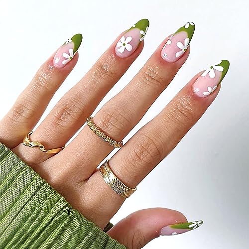 Almond Press On Nails Medium Cute Fake Nails with Glossy Flowers Leaf Design Green Pink Summer French Tip False Nails with Glue Full Cover Acrylic Nails - 24pcs
