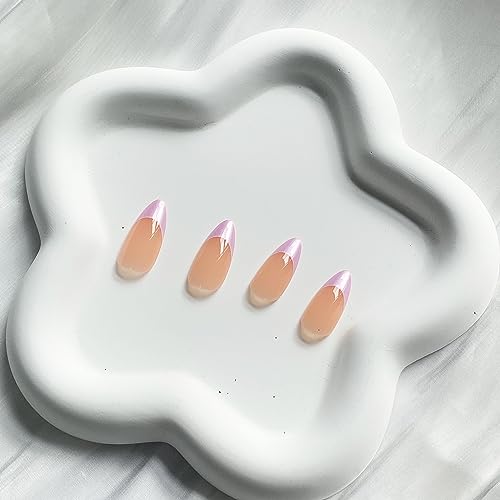 Almond Press on Nails Medium Fake Nails with Purple aurora Designs French Tip False Nails Glossy Nude False Nails Mirror Glue on Acrylic Nails for Women Manicure24pcs - Image 5