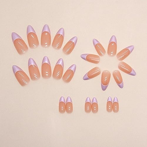 Almond Press on Nails Medium Fake Nails with Purple aurora Designs French Tip False Nails Glossy Nude False Nails Mirror Glue on Acrylic Nails for Women Manicure24pcs - Image 3