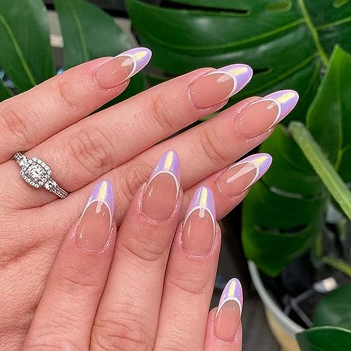 Almond Press on Nails Medium Fake Nails with Purple aurora Designs French Tip False Nails Glossy Nude False Nails Mirror Glue on Acrylic Nails for Women Manicure24pcs
