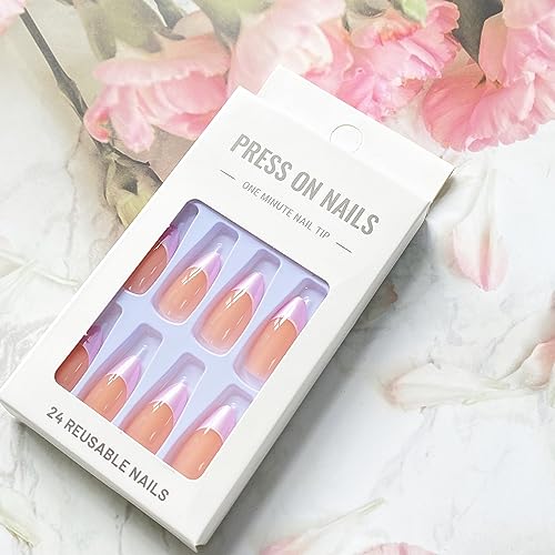 Almond Press on Nails Medium Fake Nails with Purple aurora Designs French Tip False Nails Glossy Nude False Nails Mirror Glue on Acrylic Nails for Women Manicure24pcs - Image 4