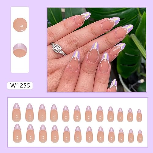 Almond Press on Nails Medium Fake Nails with Purple aurora Designs French Tip False Nails Glossy Nude False Nails Mirror Glue on Acrylic Nails for Women Manicure24pcs - Image 2