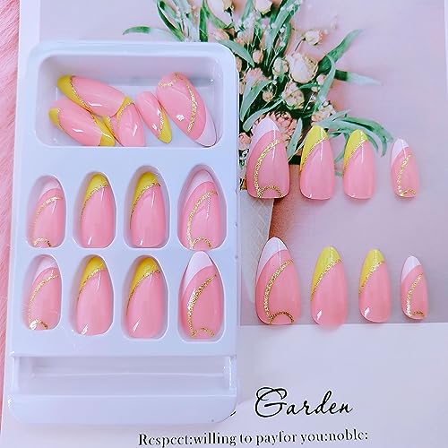 Almond Press on Nails Medium - Lemon Yellow & White French Tip Fake Nails Press ons, Golden Line Design Glue on Nails Pink Full Cover Glossy Acrylic Nails for Women 24 Pcs - Image 2