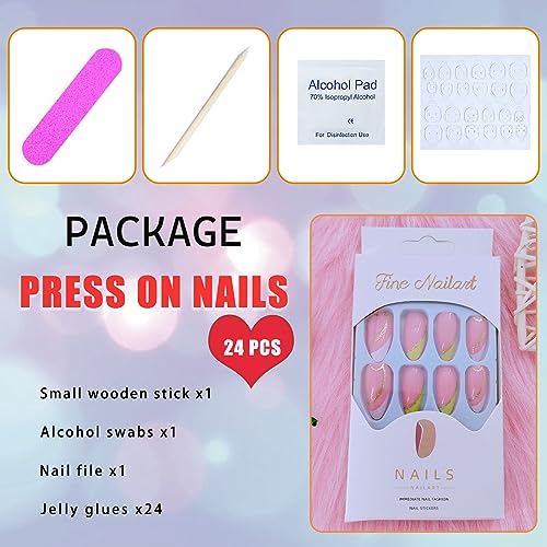 Almond Press on Nails Medium - Lemon Yellow & White French Tip Fake Nails Press ons, Golden Line Design Glue on Nails Pink Full Cover Glossy Acrylic Nails for Women 24 Pcs - Image 5