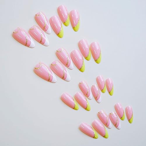 Almond Press on Nails Medium - Lemon Yellow & White French Tip Fake Nails Press ons, Golden Line Design Glue on Nails Pink Full Cover Glossy Acrylic Nails for Women 24 Pcs - Image 4