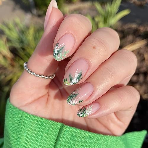 Almond Press on Nails Medium Length Fake Nails Cute Spring Summer Acrylic Nails Full Cover Round Head Shaped False Nails with Green Leaves Designs Glossy Nude Stick on Nails for Women Girls, 24Pcs