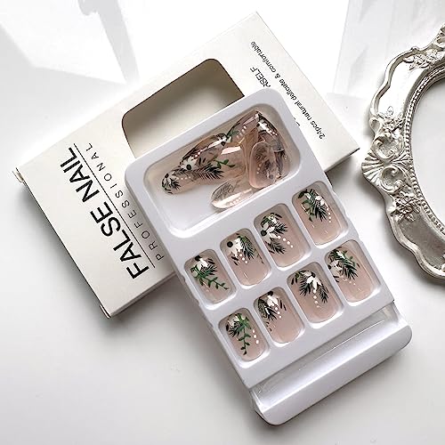 Almond Press on Nails Medium Length Fake Nails Cute Spring Summer Acrylic Nails Full Cover Round Head Shaped False Nails with Green Leaves Designs Glossy Nude Stick on Nails for Women Girls, 24Pcs - Image 6