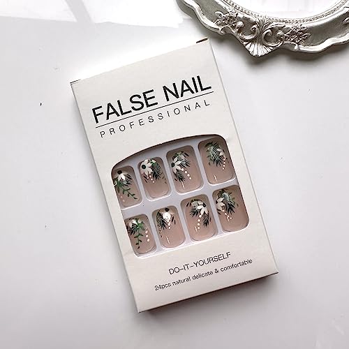 Almond Press on Nails Medium Length Fake Nails Cute Spring Summer Acrylic Nails Full Cover Round Head Shaped False Nails with Green Leaves Designs Glossy Nude Stick on Nails for Women Girls, 24Pcs - Image 2