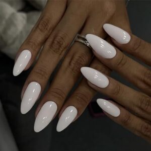 Almond Press on Nails Medium Length Fake Nails Pure White False Nails with Design Glossy Solid Color Glue on Nails Full Cover Acrylic Nails White Artificial Stick on Nails for Women Girls Manicure