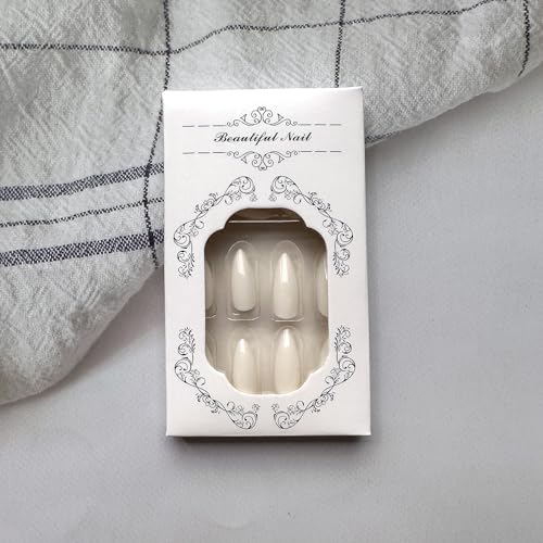 Almond Press on Nails Medium Length Fake Nails Pure White False Nails with Design Glossy Solid Color Glue on Nails Full Cover Acrylic Nails White Artificial Stick on Nails for Women Girls Manicure - Image 2