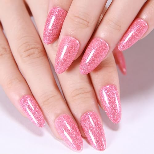 Almond Press on Nails Medium - Rose Pink MAOTTIE Fake Nails with Glitter Designs UV Finish Glue on Nails Medium Length Reusable Gel Glossy Artificial Press on Nails Almond for Women 24 Pcs