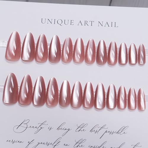 Almond Press on Nails Pink Fake Nails Cat Eye False Nails Glitter Full Cover Opaque Nails Press on Acrylic Nails with Glue on Nails Medium Length Stick on Nails Velvet Static Nails for Women and Girls - Image 6