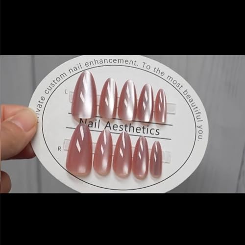 Almond Press on Nails Pink Fake Nails Cat Eye False Nails Glitter Full Cover Opaque Nails Press on Acrylic Nails with Glue on Nails Medium Length Stick on Nails Velvet Static Nails for Women and Girls - Image 7