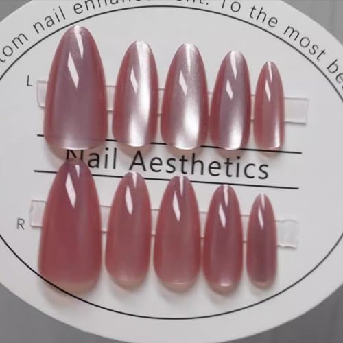 Almond Press on Nails Pink Fake Nails Cat Eye False Nails Glitter Full Cover Opaque Nails Press on Acrylic Nails with Glue on Nails Medium Length Stick on Nails Velvet Static Nails for Women and Girls - Image 4