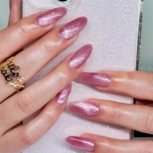 Almond Press on Nails Pink Fake Nails Cat Eye False Nails Glitter Full Cover Opaque Nails Press on Acrylic Nails with Glue on Nails Medium Length Stick on Nails Velvet Static Nails for Women and Girls