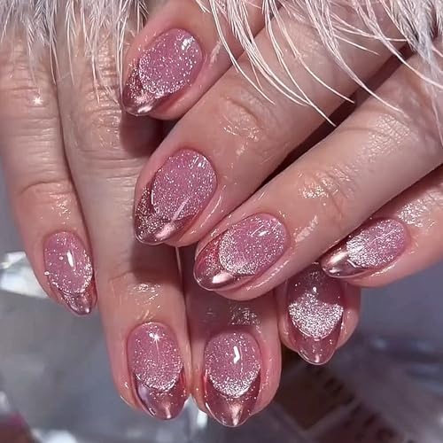 Almond Press on Nails Short Fake Nails Purple Cat Eye Glossy Acrylic Nails with Chrome French Tip Designs Glue on Nails Full Cover Stick on Nails Elegant for Women and Girls 24 PCS Manicure