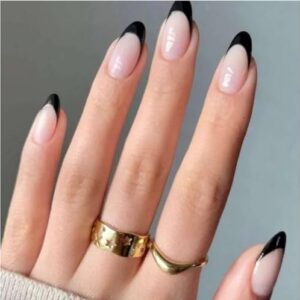 Almond Press on Nails Short Nude Pink Fake Nails Press ons French Nail Tip Full Cover False Nails with Black French Design Glue on Nails Kit Acrylic Nails Set for Women Reusable 24Pcs