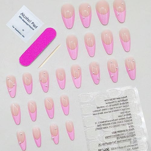 Almond Press on Nails Short White Nails Pearl Acrylic False Nails with Designs Cute Artificial Fake Nails Reusable Glue on Nails Pink Artificial Stick on Nails for Women Girls - Image 9