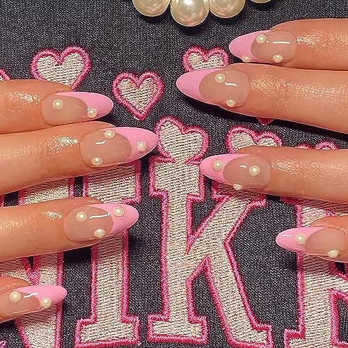 Almond Press on Nails Short White Nails Pearl Acrylic False Nails with Designs Cute Artificial Fake Nails Reusable Glue on Nails Pink Artificial Stick on Nails for Women Girls
