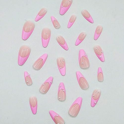 Almond Press on Nails Short White Nails Pearl Acrylic False Nails with Designs Cute Artificial Fake Nails Reusable Glue on Nails Pink Artificial Stick on Nails for Women Girls - Image 5