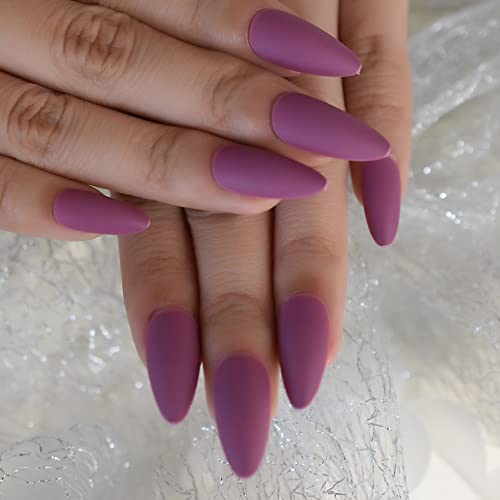 Almond Shape Purple Color Soild Color Violet Sample Designed Medium Press On Nails Full Cover Nail Tips Acrylic Manicure Salons At Home Cool Travel Outdoor For Womens Girls Teens With Tabs - Image 6