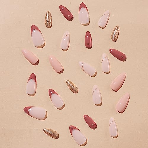 Almond Shaped Fake Nails Medium Pink Press on Nails Gradient Pink with Gold Glitter Heart Design False Nails Acrylic Nails Full Cover Glossy Artificial Nails for Women and Girls 24Pcs - Image 2