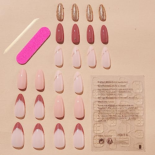 Almond Shaped Fake Nails Medium Pink Press on Nails Gradient Pink with Gold Glitter Heart Design False Nails Acrylic Nails Full Cover Glossy Artificial Nails for Women and Girls 24Pcs - Image 3