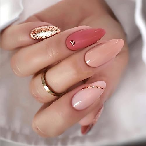 Almond Shaped Fake Nails Medium Pink Press on Nails Gradient Pink with Gold Glitter Heart Design False Nails Acrylic Nails Full Cover Glossy Artificial Nails for Women and Girls 24Pcs