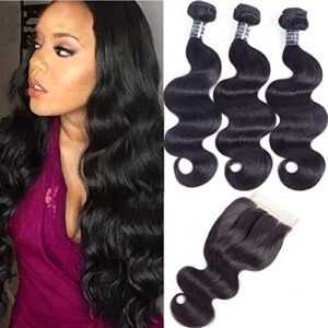 Amella Hair 8A Brazilian Body Wave Human Hair 3 Bundles with Lace Closure (18" 20" 22"+16"Closure,Three Part,Natural Black)100% Unprocessed Brazilian Body Wave Human Hair Weave With Lace Closure