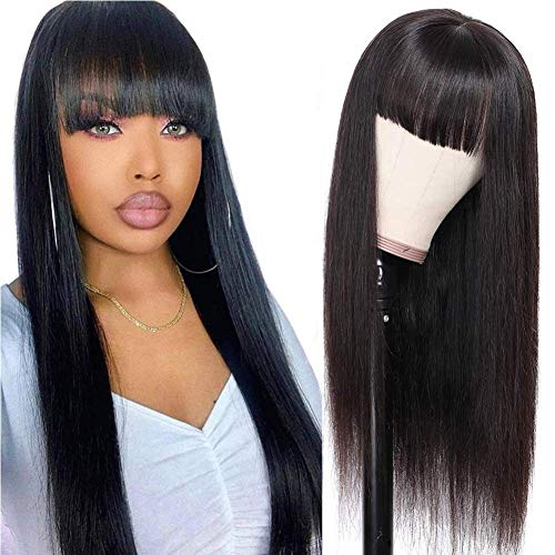 Amella Hair Straight Human Hair Wigs with Bangs for Black Women Brazilian Unprocessed Virgin Straight Hair Wigs 150% Density None Lace Front Wigs (18Inch, Machine Made Wigs)