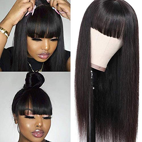 Amella Hair Straight Human Hair Wigs with Bangs for Black Women Brazilian Unprocessed Virgin Straight Hair Wigs 150% Density None Lace Front Wigs (18Inch, Machine Made Wigs) - Image 2