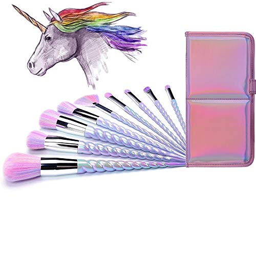 Ammiy 10 Piece Unicorn Makeup Brush Set Colorful Bristles Iridescent Case New