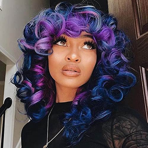andromeda Short Curly Wigs for Black Women Soft Mixed Blue to Purple Big Curly Wig with Bangs Cute Loose Curly Cosplay Party Daily Synthetic Wig for African American Women（Mixed Blue Purple）