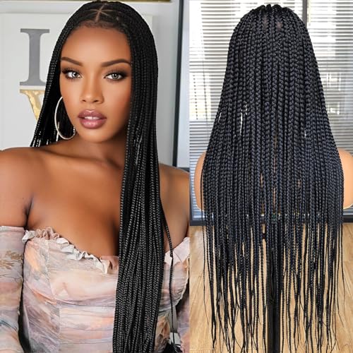 Annivia 36Inch Black Knotless Box Braided Wigs for Black Women Full Lace Box Braided Wigs Pre Plucked with Baby Hair Handmade Synthetic Triangle Part Cornrow Braided Lace Wigs