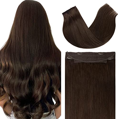 Anrosa Brown Hidden Wire Extensions Human Hair 14 Inch 75g Invisible Fish Line Hair Extensions Real Human Hair Headband Adjustable Dark Brown Hair Extensions Real Human Hair Hairpiece Adjustable Clips