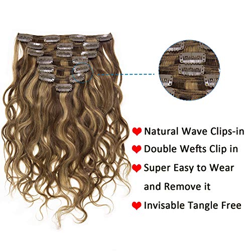 Anrosa Highlight Blonde Curly Clip in Human Hair Extensions Natural Wave Curly Clip in Hair Extensions 20inch Chocolate Brown Mixed with Strawberry Blonde Real Remy Human Hair Clip in Extensions 120g - Image 2