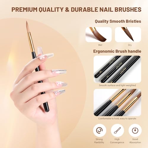 Aokitec 3pcs Acrylic Nail Brush Set - Size 10/12/14 Kolinsky Nail Brushes for Acrylic Application Nail Art Brushes for Acrylic Powder, Perfect for Nail Extension for Beginner & Professional - Image 2