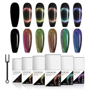 Aokitec 8ML*6 9D Cat Eye Gel Nail Polish Kits With Black Gel Polish And Magnetic Galaxy Glitter Holographic Shimmer Magic UV LED Soak Off Gel For Nail Art