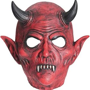 AQKILO® Red Hell Demon Mask With Black Horms Mask Scary Halloween Latex Full Head Realistic Masks Fancy Dress for Halloween Carnival Costume Party