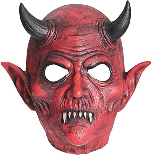 AQKILO® Red Hell Demon Mask With Black Horms Mask Scary Halloween Latex Full Head Realistic Masks Fancy Dress for Halloween Carnival Costume Party