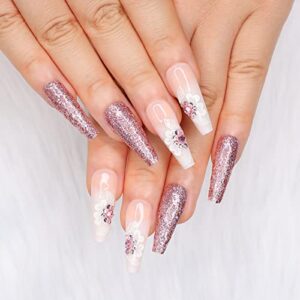 Artquee 24pcs French Press on Nails Nude White Ombre Long Ballerina 3D Flower Rhinestones Mixed Pink Sequins Glossy Coffin Artificial Acrylic Fake Nail False Art Tips for Women and Girls Decoration