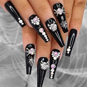 Artquee 24pcs Halloween Press on Nails Black Glossy Long Coffin Fake Nail Art Silver Skeleton Spider Web 3D Rhinestones Designs Ballerina False Nails Acrylic Stick On Nails Tips for Women and Girls