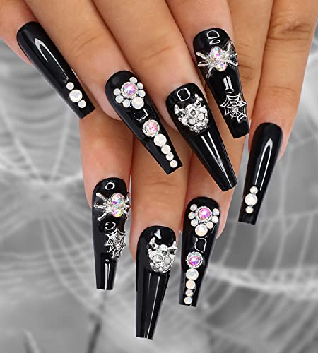 Artquee 24pcs Halloween Press on Nails Black Glossy Long Coffin Fake Nail Art Silver Skeleton Spider Web 3D Rhinestones Designs Ballerina False Nails Acrylic Stick On Nails Tips for Women and Girls