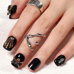 Artquee Halloween Press on Nails Short Black Fake Nail Glossy 3D Gold Skull Claws Spider Designs Square False Nails Acrylic Stick on Nails Tips Manicure for Women and Girls in 12 Sizes - 24pcs