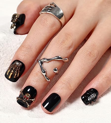 Artquee Halloween Press on Nails Short Black Fake Nail Glossy 3D Gold Skull Claws Spider Designs Square False Nails Acrylic Stick on Nails Tips Manicure for Women and Girls in 12 Sizes - 24pcs