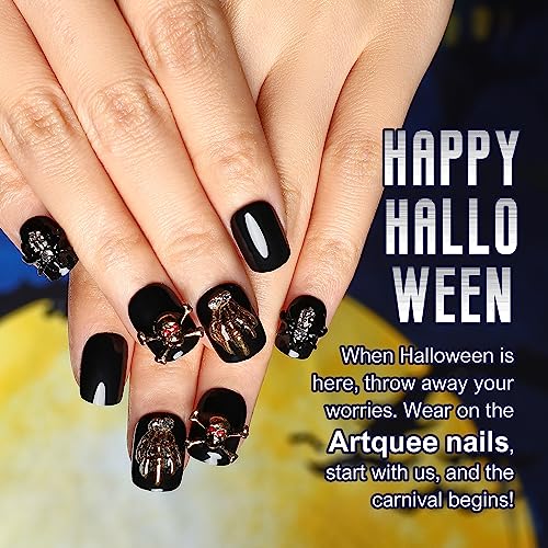 Artquee Halloween Press on Nails Short Black Fake Nail Glossy 3D Gold Skull Claws Spider Designs Square False Nails Acrylic Stick on Nails Tips Manicure for Women and Girls in 12 Sizes - 24pcs - Image 7