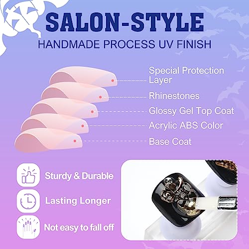 Artquee Halloween Press on Nails Short Black Fake Nail Glossy 3D Gold Skull Claws Spider Designs Square False Nails Acrylic Stick on Nails Tips Manicure for Women and Girls in 12 Sizes - 24pcs - Image 5