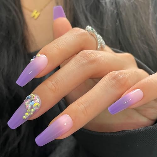 Artquee Medium Purple Ombre Coffin Press on Nails Set 24 Pieces with 3D Rhinestones Reusable