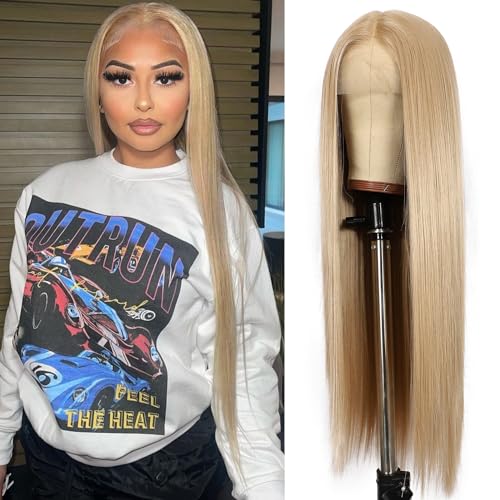 Ash Blonde Long Straight Lace Front Wig 13×6 Synthetic Middle Part Glueless Transparent Lace Front Wigs for Women Bleached Knots Pre Plucked with Baby Hair Heat Resistant Fiber 26 inch
