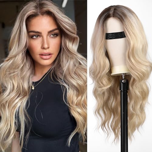 Ash Dirty Blonde Long Wave Wigs for Women,Put On Go Glueless Lace Front Wig,Middle Part Synthetic Wig for Daily Party Use 26IN